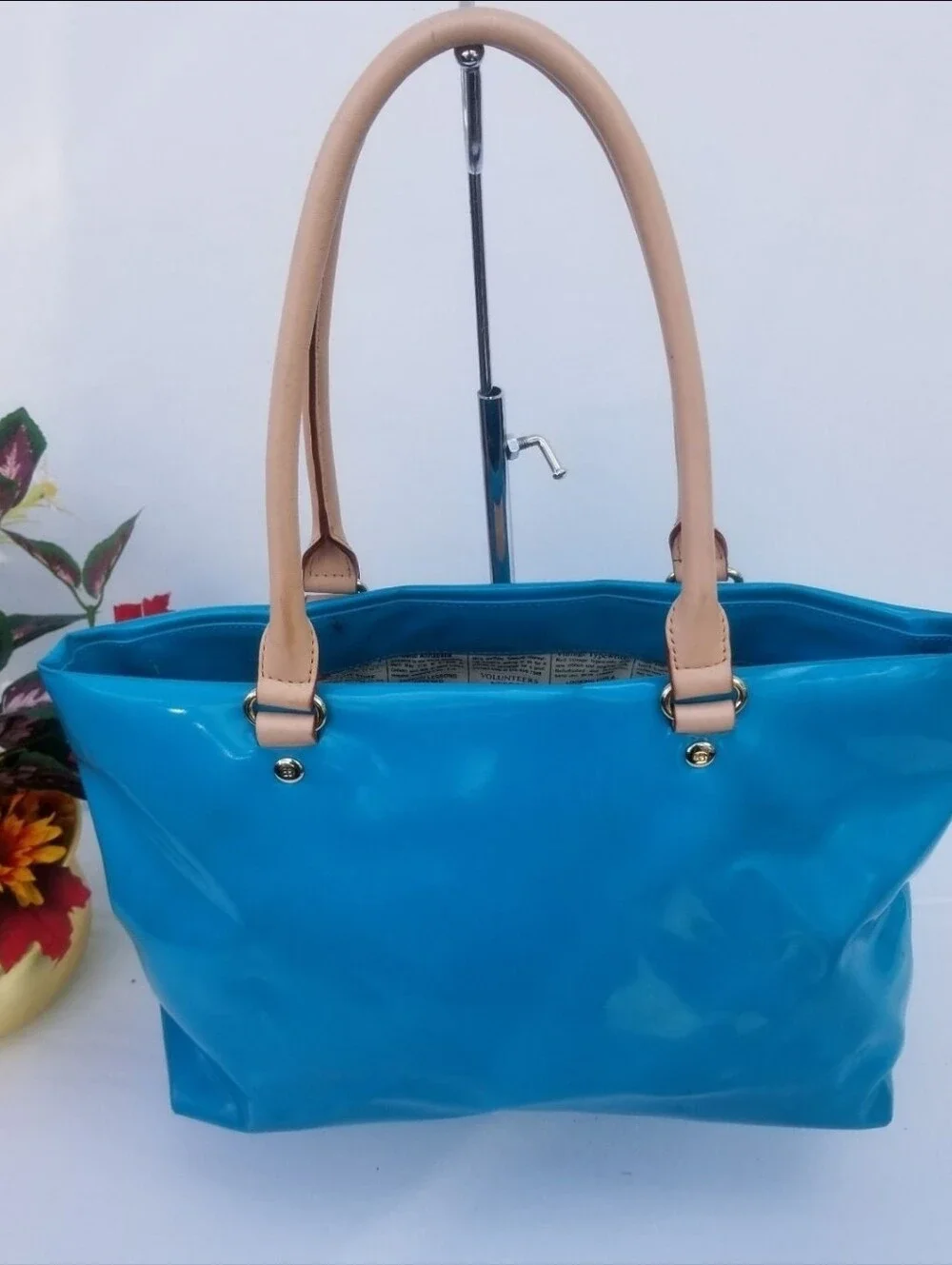Kate Spade Turquoise Patent Tote Bag Beige Handles Fair Condition